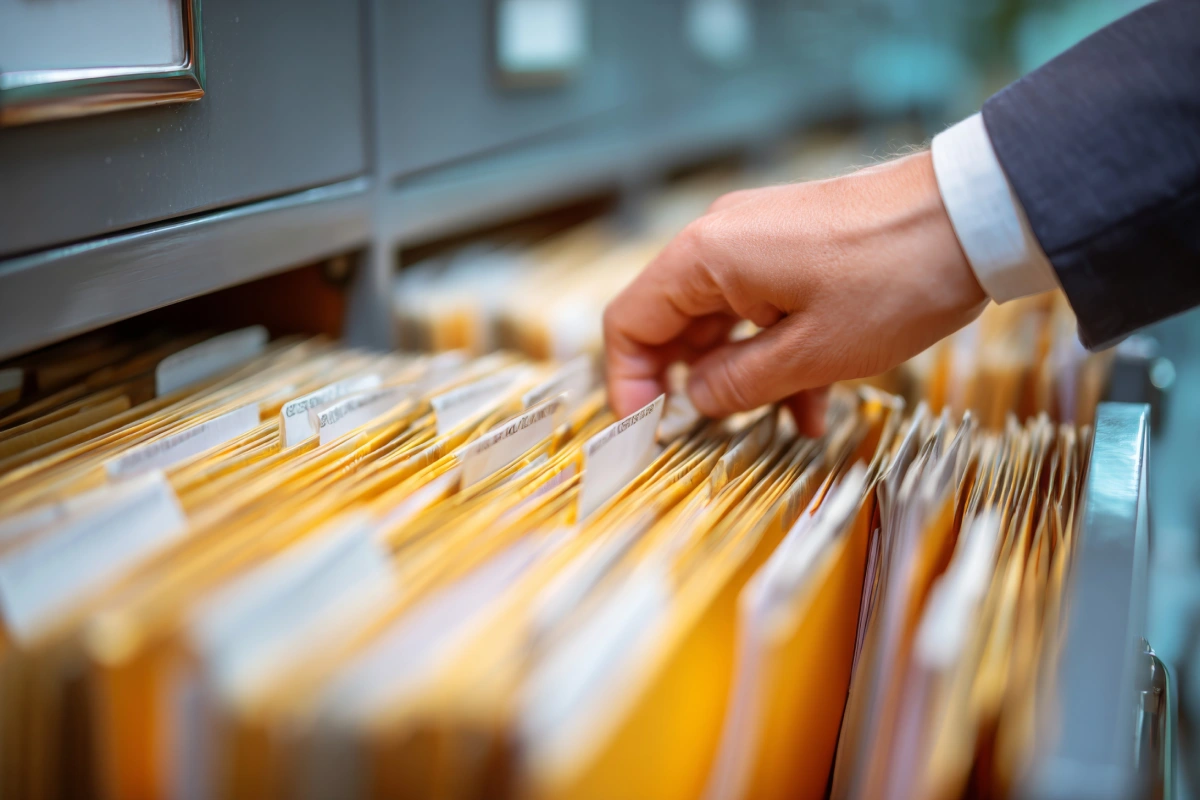 A person is sorting through a cluttered office drawer filled with yellow file folders. The atmosphere is professional, and the individual appears focused and diligent.